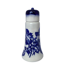 Load image into Gallery viewer, Blakeney Pottery flow blue ironstone sugar shaker with floral decoration, flared base and domed lid