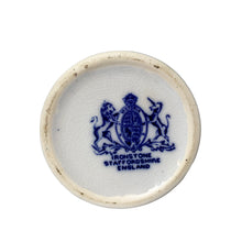 Load image into Gallery viewer, Base of the ironstone sugar shaker showing Blakeney Pottery's blue crest, Staffordshire England backstamp and glaze crazing