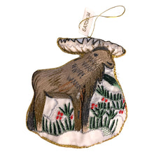 Load image into Gallery viewer, Rear view of vintage embroidered fabric moose Christmas tree ornament sold by Eaton's (T. Eaton Co.), it was part of the store's 1994 limited-edition Christmas collection
