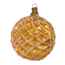 Load image into Gallery viewer, vintage gold mercury glass Christmas ornament from the 1950s/1960s. The mold-blown round bauble features a geometric diamond texture and metallic gold finish
