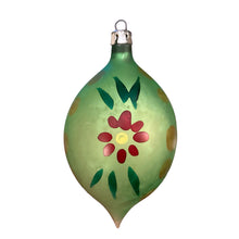 Load image into Gallery viewer, Front view of vintage green mercury glass teardrop Christmas ornament was hand-blown and hand-painted in Poland, 1950s/1960s