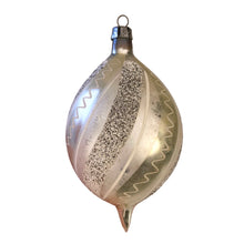 Load image into Gallery viewer, vintage silver swirl mercury glass teardrop Christmas ornament was hand-blown and hand-painted in Poland/Germany in the 1950s/1960s