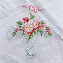 Load image into Gallery viewer, This beautiful white linen bridge-sized square tablecloth features a pale blue wedding back filled with pink , yellow and green florals topped off with a pretty pink bow. This dreamy linen will look amazing on any table. Use your imagination to repurpose into pillows or wearables. In excellent condition, free from tears or stains. Circa 1950s. Measures 40 x 41 inches
