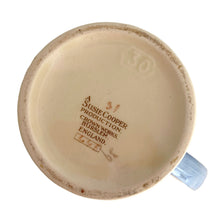 Load image into Gallery viewer, Vintage Art Deco style Wedding Ring coffee set in the blue, rust and gray colourway. Crafted by Susie Cooper, England, 1930s. This kestrel-shaped set comprised of a coffee pot with lid, creamer and sugar with four demitasse cups and saucers.
The set is in generally good vintage condition with no chips, cracks, or repairs. Each piece shows age-related crazing. The coffee pot has a chip at the top of the spout, and the sugar bowl has staining on the bottom. All pieces have maker's marks.