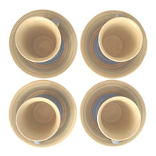 Load image into Gallery viewer, Vintage Art Deco style Wedding Ring coffee set in the blue, rust and gray colourway. Crafted by Susie Cooper, England, 1930s. This kestrel-shaped set comprised of a coffee pot with lid, creamer and sugar with four demitasse cups and saucers.
The set is in generally good vintage condition with no chips, cracks, or repairs. Each piece shows age-related crazing. The coffee pot has a chip at the top of the spout, and the sugar bowl has staining on the bottom. All pieces have maker's marks.