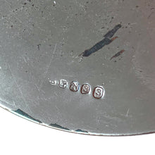 Load image into Gallery viewer, Close-up of silver-plated lid interior showing hallmark stamps — letter cartouches including P, N, and S — authenticating the 19th-century English silverwork