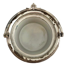 Load image into Gallery viewer, Top-down view of Wedgwood Jasperware biscuit barrel with lid removed, revealing white ceramic interior liner and silver-plated rim with swing handle