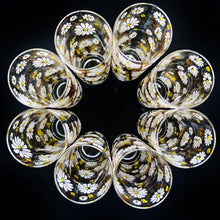 Load image into Gallery viewer, Overhead rim detail of Set of eight 1950s Culver white enamel daisy glasses with 22kt gold leaves