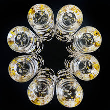 Load image into Gallery viewer, Bottom detail of Set of eight 1950s Culver white enamel daisy glasses with 22kt gold leaves