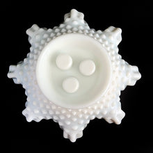 Load image into Gallery viewer, Gorgeous vintage milk glass 4 piece epergne in the "Hobnail" pattern by Fenton Art Glass. This piece is unmarked indicating it was made prior to 1970. This stunning piece is a classic and a perfect collection starter! The entire piece is in excellent condition, free from chips/cracks. The bowl measures 10 x 4 inches and each horn is 8 1/2 inches tall, total assembled height is 9 1/2 inches