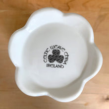 Load image into Gallery viewer, Bottom view of vintage white twist vase Celtic Weave China Ireland maker's mark, 1980s bone china lustreware 6 1/4 inch
