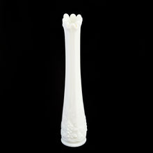 Load image into Gallery viewer, This vintage mid-century "Paneled Grape" milk glass swung bud vase will add simple elegant to your decor. Crafted by Westmoreland Glass, USA between 1940 - 1984. Fill with some sweet floral stems for a delightful arrangement.  In excellent condition, free from chips/cracks. Maker's mark on the bottom.  Measures 1 3/4 x 9 1/4 inches