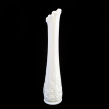 Load image into Gallery viewer, This vintage mid-century "Paneled Grape" milk glass swung bud vase will add simple elegant to your decor. Crafted by Westmoreland Glass, USA between 1940 - 1984. Fill with some sweet floral stems for a delightful arrangement.  In excellent condition, free from chips/cracks. Maker's mark on the bottom.  Measures 1 3/4 x 9 1/4 inches