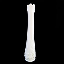 Load image into Gallery viewer, This vintage mid-century "Paneled Grape" milk glass swung bud vase will add simple elegant to your decor. Crafted by Westmoreland Glass, USA between 1940 - 1984. Fill with some sweet floral stems for a delightful arrangement.  In excellent condition, free from chips/cracks. Maker's mark on the bottom.  Measures 1 3/4 x 9 1/4 inches