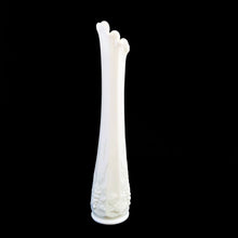 Load image into Gallery viewer, This vintage mid-century "Paneled Grape" milk glass swung bud vase will add simple elegant to your decor. Crafted by Westmoreland Glass, USA between 1940 - 1984. Fill with some sweet floral stems for a delightful arrangement.  In excellent condition, free from chips/cracks. Maker's mark on the bottom.  Measures 1 3/4 x 9 1/4 inches