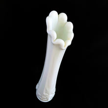 Load image into Gallery viewer, This vintage mid-century "Paneled Grape" milk glass swung bud vase will add simple elegant to your decor. Crafted by Westmoreland Glass, USA between 1940 - 1984. Fill with some sweet floral stems for a delightful arrangement.  In excellent condition, free from chips/cracks. Maker's mark on the bottom.  Measures 1 3/4 x 9 1/4 inches