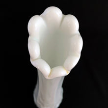 Load image into Gallery viewer, This vintage mid-century "Paneled Grape" milk glass swung bud vase will add simple elegant to your decor. Crafted by Westmoreland Glass, USA between 1940 - 1984. Fill with some sweet floral stems for a delightful arrangement.  In excellent condition, free from chips/cracks. Maker's mark on the bottom.  Measures 1 3/4 x 9 1/4 inches