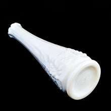 Load image into Gallery viewer, This vintage mid-century "Paneled Grape" milk glass swung bud vase will add simple elegant to your decor. Crafted by Westmoreland Glass, USA between 1940 - 1984. Fill with some sweet floral stems for a delightful arrangement.  In excellent condition, free from chips/cracks. Maker's mark on the bottom.  Measures 1 3/4 x 9 1/4 inches