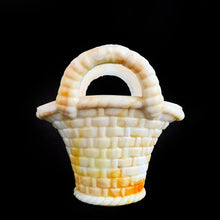 Load image into Gallery viewer, Vintage marbleized slag glass handled basket in swirled shades of white and orange. Produced by Akro Agate, circa 1940s. A lovely piece for to use as a vase, planter catchall, candy dish or upscale your office and use this as a paperclip holder. In good vintage condition, free from chips, one handle has a crack. Unmarked. Measures 4 x 2 3/4 x 3 7/8 inches