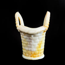 Load image into Gallery viewer, Vintage marbleized slag glass handled basket in swirled shades of white and orange. Produced by Akro Agate, circa 1940s. A lovely piece for to use as a vase, planter catchall, candy dish or upscale your office and use this as a paperclip holder. In good vintage condition, free from chips, one handle has a crack. Unmarked. Measures 4 x 2 3/4 x 3 7/8 inches