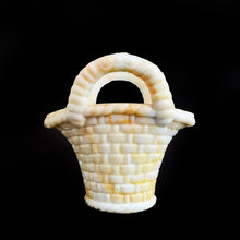 Load image into Gallery viewer, Vintage marbleized slag glass handled basket in swirled shades of white and orange. Produced by Akro Agate, circa 1940s. A lovely piece for to use as a vase, planter catchall, candy dish or upscale your office and use this as a paperclip holder. In good vintage condition, free from chips, one handle has a crack. Unmarked. Measures 4 x 2 3/4 x 3 7/8 inches