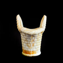 Load image into Gallery viewer, Vintage marbleized slag glass handled basket in swirled shades of white and orange. Produced by Akro Agate, circa 1940s. A lovely piece for to use as a vase, planter catchall, candy dish or upscale your office and use this as a paperclip holder. In good vintage condition, free from chips, one handle has a crack. Unmarked. Measures 4 x 2 3/4 x 3 7/8 inches