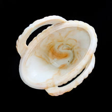 Load image into Gallery viewer, Vintage marbleized slag glass handled basket in swirled shades of white and orange. Produced by Akro Agate, circa 1940s. A lovely piece for to use as a vase, planter catchall, candy dish or upscale your office and use this as a paperclip holder. In good vintage condition, free from chips, one handle has a crack. Unmarked. Measures 4 x 2 3/4 x 3 7/8 inches
