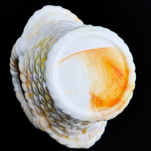 Load image into Gallery viewer, Vintage marbleized slag glass handled basket in swirled shades of white and orange. Produced by Akro Agate, circa 1940s. A lovely piece for to use as a vase, planter catchall, candy dish or upscale your office and use this as a paperclip holder. In good vintage condition, free from chips, one handle has a crack. Unmarked. Measures 4 x 2 3/4 x 3 7/8 inches