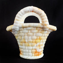 Load image into Gallery viewer, Vintage marbleized slag glass handled basket toothpick holder in swirled shades of white and orange. Produced by Akro Agate, circa 1940s. A lovely piece for to use as a vase, planter catchall, candy dish or upscale your office and use this as a paperclip holder. In good vintage condition, free from chips/cracks. Unmarked. Measures 4 x 2 3/4 x 3 7/8 inches