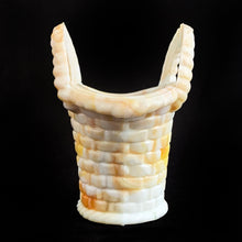 Load image into Gallery viewer, Vintage marbleized slag glass handled basket toothpick holder in swirled shades of white and orange. Produced by Akro Agate, circa 1940s. A lovely piece for to use as a vase, planter catchall, candy dish or upscale your office and use this as a paperclip holder. In good vintage condition, free from chips/cracks. Unmarked. Measures 4 x 2 3/4 x 3 7/8 inches