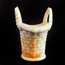 Load image into Gallery viewer, Vintage marbleized slag glass handled basket toothpick holder in swirled shades of white and orange. Produced by Akro Agate, circa 1940s. A lovely piece for to use as a vase, planter catchall, candy dish or upscale your office and use this as a paperclip holder. In good vintage condition, free from chips/cracks. Unmarked. Measures 4 x 2 3/4 x 3 7/8 inches