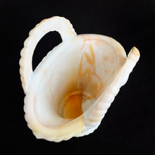 Load image into Gallery viewer, Vintage marbleized slag glass handled basket toothpick holder in swirled shades of white and orange. Produced by Akro Agate, circa 1940s. A lovely piece for to use as a vase, planter catchall, candy dish or upscale your office and use this as a paperclip holder. In good vintage condition, free from chips/cracks. Unmarked. Measures 4 x 2 3/4 x 3 7/8 inches