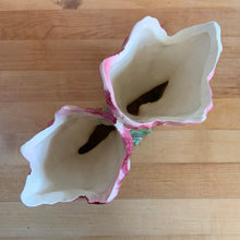 Load image into Gallery viewer, Rare vintage mid-century gloss white and dark pink lower double tulip vase. Crafted by McCoy Pottery, USA, 1953. This special piece is must for any art pottery collector!
In excellent condition, no chips/cracks/repairs. Maker's mark.
Measures 8 1/4 x 3 3/8 x 6 1/2 inches