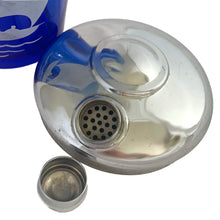 Load image into Gallery viewer, Top view of Hazel-Atlas cobalt blue glass cocktail shaker with chrome strainer lid