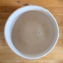 Load image into Gallery viewer, Vintage matte white Tierra Cushion jardiniere planter pot, features an overlapping floral leaf pattern around the top rim, a diamond quilted body and ribbon handles. Crafted by McCoy Pottery, USA, 1950s. A must-have for any McCoy collector or container gardener!
In excellent vintage condition, no chips/cracks/repairs, age-related crazing, manufacturer's glaze pops. Maker's mark.
Measures 9 x 7 3/8 inches