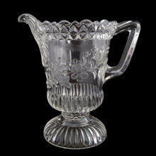 Load image into Gallery viewer, Opposite side profile of the Wildflower #140 EAPG pressed glass pattern on the Adams & Co. creamer pitcher showing the raised flower and leaf motif and diamond band at the shoulder, c.1880