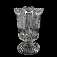 Load image into Gallery viewer, Handle view of Antique Adams & Co. EAPG Wildflower #140 footed creamer pitcher, applied handle, Wildflower relief pattern on clear pressed glass, c.1880