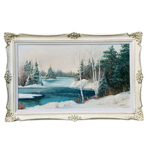 Load image into Gallery viewer, Vintage original oil painting depicting a river and forest Muskokan winter landscape, framed in wood. Signed by Anna Jalava, listed Canadian artist, 1950s. This work was painted on masonite and is in its original wooden frame. Famous for her Ontario landscapes, Ms. Jalava skillfully painted northern landscapes, particularly in Muskoka, Ontario using soft pastel colours and fine, careful drawings which are the signature for this family of painters.