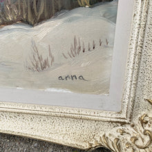 Load image into Gallery viewer, Vintage original oil painting depicting a river and forest Muskokan winter landscape, framed in wood. Signed by Anna Jalava, listed Canadian artist, 1950s. This work was painted on masonite and is in its original wooden frame. Famous for her Ontario landscapes, Ms. Jalava skillfully painted northern landscapes, particularly in Muskoka, Ontario using soft pastel colours and fine, careful drawings which are the signature for this family of painters.