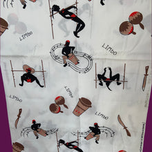 Load image into Gallery viewer, This whimsical contemporary cream coloured cotton linen fabric features a hand printed vintage style limbo/island themed graphic design in black, red, brown and mocha. Crafted by Moygashel Linens in Ireland, known for its high quality textiles. They have been in textile business since 1795! This fabric is very soft and would be perfect for dressmaking, or home decor. In excellent condition, free from stains/tears. Measures 36 x 144 inches