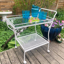 Load image into Gallery viewer, Vintage mid-century wrought iron bar cart refinished in gloss white with ivy details