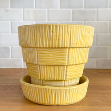 Load image into Gallery viewer, Highly collectible vintage mid-century yellow basketweave ceramic art pottery planter with attached underplate. Crafted by McCoy Pottery, 1950s. The perfect home for your favourite houseplant or succulent!
In excellent vintage condition, no chips/cracks/repairs, age-related crazing. Maker's mark.
Measures 6 3/8 x 5 1/2 inches