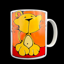 Load image into Gallery viewer, Vintage white ceramic mug featuring an artisan designed and hand painted dimensionally (puffy) illustrated yellow cat set against an orange and red background, outlined in black with an inscription on the interior that reads "...Meow!". Crafted by Ketto Design, Canada, circa 1998. This Quebec company no longer produces these mugs making them hard to find and highly collectible. In excellent used condition, free from chips/cracks/repairs. Measures 3 1/8 x 3 3/4 inches Capacity 8 ounces