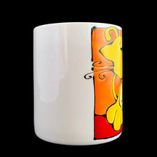 Load image into Gallery viewer, Vintage white ceramic mug featuring an artisan designed and hand painted dimensionally (puffy) illustrated yellow cat set against an orange and red background, outlined in black with an inscription on the interior that reads "...Meow!". Crafted by Ketto Design, Canada, circa 1998. This Quebec company no longer produces these mugs making them hard to find and highly collectible. In excellent used condition, free from chips/cracks/repairs. Measures 3 1/8 x 3 3/4 inches Capacity 8 ounces