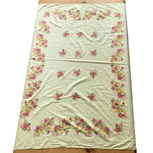 Load image into Gallery viewer, Add some vintage charm to your tablescape with this yellow cotton rectangular tablecloth featuring sprays of flowers in shades of pink, yellow, orange and green. Perfect for adding a hint of nostalgia to any gathering! In excellent condition, free from stains/tears. Measures 53 x 41 inches