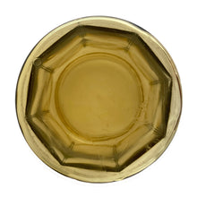 Load image into Gallery viewer, Antique eight sided yellow depression glass metal lidded tobacco canister. Early 1900s. Perfect for dry goods storage.
In vintage condition, significant wear to the lid with rust and tiny hole. Typical bubbles and stringers in the glass.
Measures 4 1/2 x 7 inches