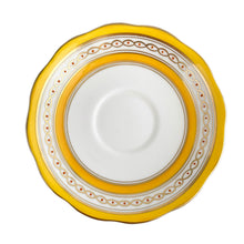 Load image into Gallery viewer, This antique bone china footed teacup and saucer is so sweet! Both the cup and saucer have a lovely scalloped edge, hand painted gold gilt bands over yellow and white glazed porcelain and a gold gilt infinity ribbon dotted in orange. Produced by Royal Albert Crown China, England. Based on the maker's mark, dates to 1927 - 1935. In excellent condition, free from chips, cracks or repairs. Maker's mark on the bottom of both pieces. Teacup is marked with the number 591.