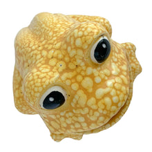 Load image into Gallery viewer, Overhead view of vintage yellow lava glaze ceramic frog sponge holder showing both bulging white and black eyes