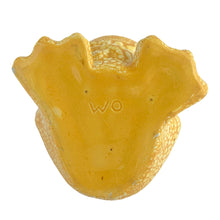 Load image into Gallery viewer, Base view of vintage yellow lava glaze ceramic frog sponge holder showing incised maker's mark on the bottom