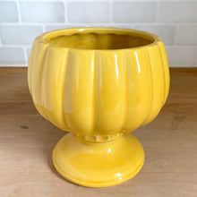 Load image into Gallery viewer, Vintage McCoy Floraline yellow glazed fluted pedestal planter #401, three-quarter front view showing globular ribbed body and round foot, 1970s USA